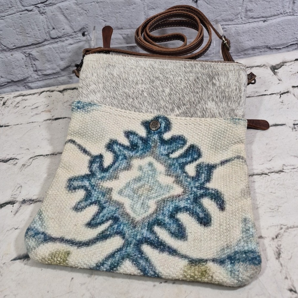 Myra Crossbody Cowhide Bag Aztec Western Canvas Leather Trim Boho Purse